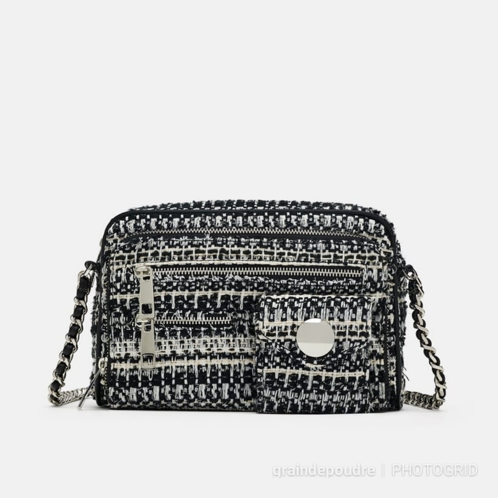 Zara Tweed Camera Bag Crossbody Purse Chain Strap